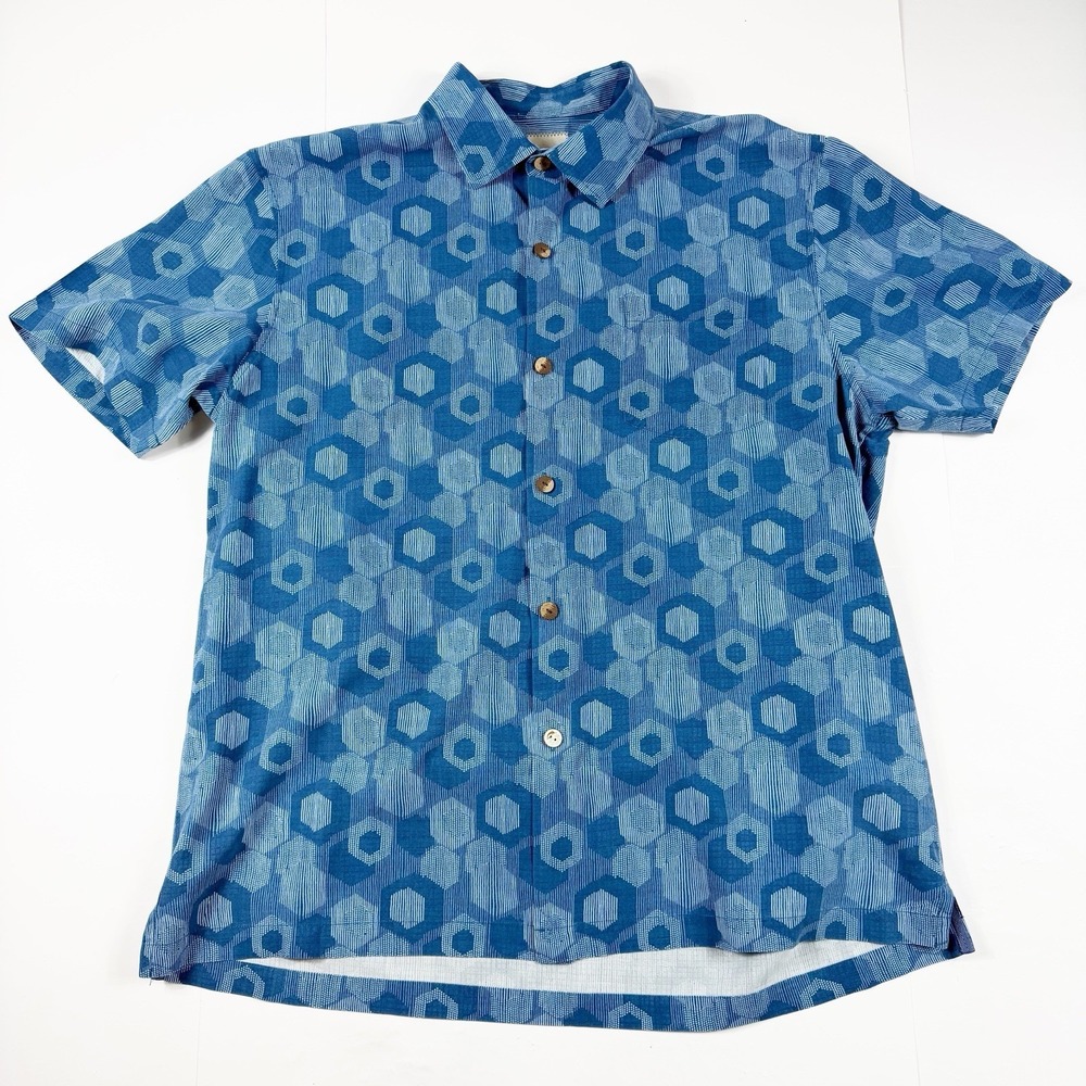 Tommy Bahama Men's Blue Hexagon Pattern Silk Shirt Wooden Buttons Xl